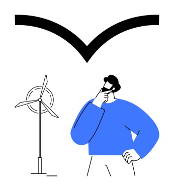 Mavi kazaklı adam rüzgar türbininin yanındaki düşünceye dokunuyor. Çerçeve üzerinde kara ok fikri. Yenilik, sürdürülebilirlik, karar verme, temiz enerji, çevre, yaratıcılık, düz basit