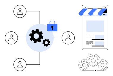 Kullanıcı ağı, mağaza önü web sayfası ve ayarları yakınındaki vites ve vitesleri kilitle. Güvenlik, takım çalışması, iş akışı, e-ticaret, veri paylaşım bağlantı sistemleri için ideal. Düz basit metafor