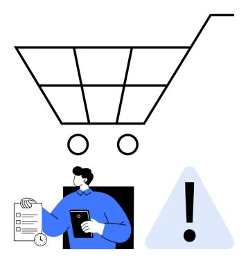 Kontrol listesi ve telefon taşıyan bir adamın üstündeki alışveriş arabası. Uyarı işaretinin yanında. E-ticaret, hatalar, alışveriş yönetimi, müşteri hizmetleri, sorun giderme, görev öncelikleri, düz basit