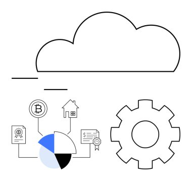 Bulut bağlantı ekipmanları, pasta grafiği, bozuk para, ev ve dijital sertifikalar. Finans, bulut hesaplama, engelleme zinciri, otomasyon teknolojisi veri analizi için ideal düz bir metafor