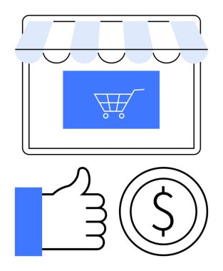 Vitrin güneşliği, el arabası, baş parmak işareti ve dolar parası olan dijital mağaza simgesi. E-ticaret, satış büyümesi, müşteri memnuniyeti, finans, karlılık pazarlaması için ideal online alışveriş