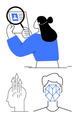 Büyüteçle profili inceleyen bir kadın, yükselen oklarla beyni ve yüz tanıma sistemi olan bir kadın. İşe alım, dijital kimlik, teknoloji, yapay zeka, yenilik, üretkenlik süreci için ideal düzlük