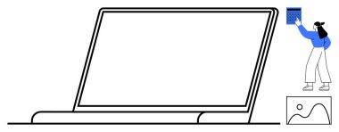 Kadın dizini büyük dizüstü bilgisayarın yanına yerleştiriyor, alttaki küçük grafik simgesi. Organizasyon, teknoloji, iş akışı, dosya paylaşımı, dijital araçlar, verimlilik iletişimi için ideal. Düz