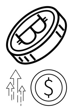 Bitcoin parası, dolar işareti, yükselen oklar finansal büyümeyi temsil ediyor, kripto para artışı, yatırım kazanımları, piyasa eğilimleri, zenginlik oluşturma. Finans ve kripto yatırım eğilimleri için ideal ilerleme