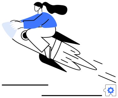 Dinamik hareket çizgileri olan bir roketin üzerinde uçan kadın büyümeyi, ilerlemeyi ve hızı somutlaştırıyor. Başlangıç için ideal, yenilik, kariyer gelişimi, başarı teknolojisi liderlik değişimi. Düz basit metafor