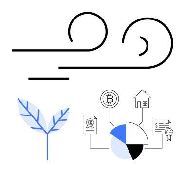 Soyut çizgiler rüzgarı, yaprak sürdürülebilirliği simgeler, kripto para birimi, mülkiyet, sertifika ve turta grafiği finansmanı çevre dostu temalara bağlar. Sürdürülebilirlik için ideal
