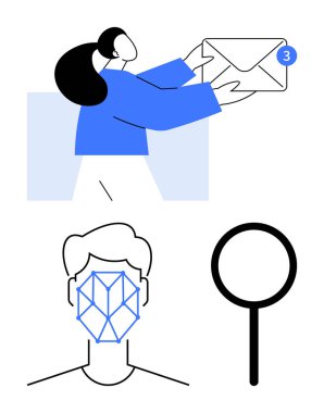 Mesajı elinde tutan kişi, yüz tanıma sistemi, büyüteç. Teknoloji, güvenlik, yapay zeka, mesajlaşma, veri tanımlama ve araştırma için ideal. Düz basit metafor