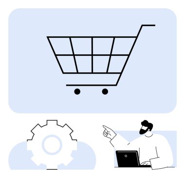 Alışveriş arabası e-ticareti simgeler, teçhizat ayarları veya yapılandırmayı temsil eder, dizüstü bilgisayarla oturan kişi çevrimiçi etkileşim önerir. Perakende satış, dijital pazarlama, web sitesi tasarımı için ideal, çevrimiçi