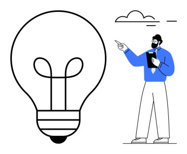 Elinde tablet tutan adam yenilik ve beyin fırtınasını temsil eden büyük bir ampulü işaret ediyor. Yaratıcılık, takım çalışması, liderlik, planlama, problem çözme, eğitim vizyonu için ideal. Düz basit