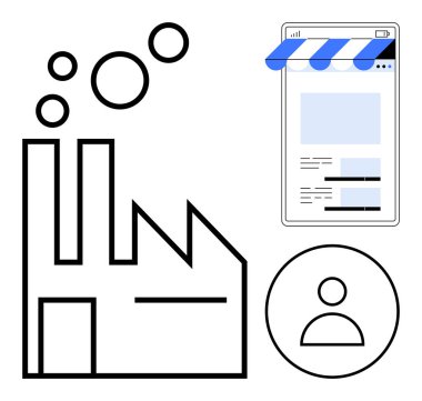 Dumanlı fabrika taslağı, güneşlikli akıllı telefon mağazası ve kullanıcı simgesi. Endüstri, üretim, e-ticaret, dijital iş, tüketici etkileşimi teknolojisi yeniliği için ideal. Düz basit
