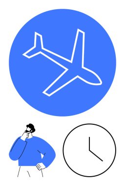 Mavi daireli uçaklar, insan düşüncesi ve analog saat seyahat kararlarını, zaman farkındalığını gösteriyor. Seyahat planları, lojistik, strateji, zaman dengeleyici keşif için ideal