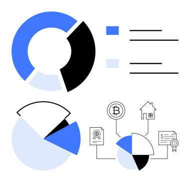 Turta grafikleri kripto para, mülk, sözleşme ve para ikonları ile birlikte bölümlere ayrılmıştır. Finans, engelleme zinciri, veri analizleri, ekonomi, pazar eğilimleri yatırım ve teknoloji için ideal