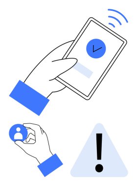 Uyarı işareti olan akıllı telefon kullanımı, profil simgesi seçilmesi ve alarm üçgeni. Mobil etkileşim, kullanıcı bildirimi, profil yönetimi, alarm sistemi, uygulama arayüzü, UX