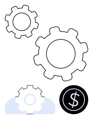 Üzerinde bulut ve dolar işareti olan büyük dişliler optimizasyon, finans yönetimi ve takım çalışması öneriyor. İş, teknoloji, süreçler, yenilik, planlama, verimlilik için ideal düz metafor