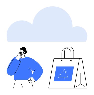 Çevre dostu bir alışveriş çantasının yanında duran düşünceli insan geri dönüşüm tabelasıyla, bulutların üstünde. Sürdürülebilirlik, eko-farkındalık, alışveriş alışkanlıkları, geri dönüşüm, karar verme, eko-yenilik için ideal