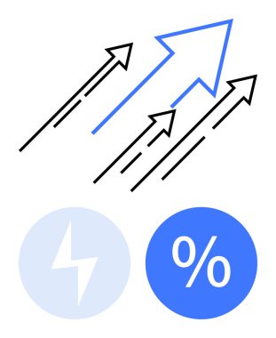 Yukarıdaki oklar büyüme ve ilerleme kaydeder. Yıldırımın mavi sembolleri ve yüzdesi enerji ve analitiği gösteriyor. İş, finans, başarı, performans, teknoloji ve yenilik için ideal