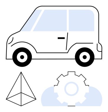 Fikirler için minimalist araba tasarımı teçhizat, piramit ve bulut eşleştirildi. Teknoloji, yenilik, enerji verimliliği ve akıllı sistemler. Geliştirme, otomasyon, hareket kabiliyeti ve daha fazlası için ideal