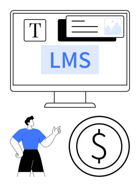 LMS arayüzlü bilgisayar ekranı, işaret eden bir kişi ve bir dolar işareti. Eğitim, çevrimiçi öğrenim, yazılım, teknoloji, maliyet yönetimi iş büyümesi için idealdir. Düz basit metafor