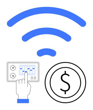 Kablosuz sinyal simgesi, kaydıraklı kontrol paneli, el etkileşimi ve para birimi. Teknoloji, internet, finans, otomasyon, maliyet kontrolü dijital iletişim için ideal basit bir metafor