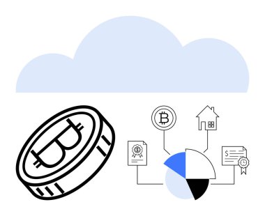 Bitcoin, bulut sembolü veri depolama, pasta grafiği, ev, sertifika ve finans için engelleme zinciri simgeleri. Kripto para birimi, engelleme zinciri, finans teknolojisi yatırım verileri için ideal