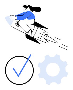 Hızlı roketle uçan bir kadın ilerleme kaydediyor başarı için işaretleri işaretliyor, verimlilik için hafif teçhizat. Yenilik, başarı, verimlilik, liderlik, strateji büyüme motivasyonu için idealdir. Düz