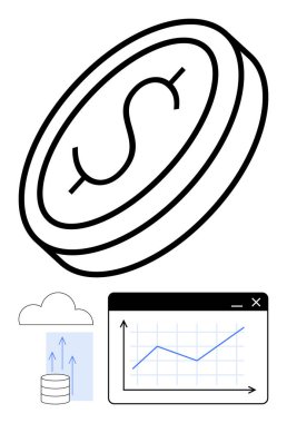 Dolar işaretli sikke, bulut bağlantılı veri depolama ve yükselen trend grafiği. Finans, yatırım, engelleme, bulut hesaplama, analitik kar büyütme fintech için idealdir. Düz basit metafor