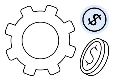 İş akışını simgeleyen vites, madeni para ve para birimi tabelasıyla finansal büyüme, işbirliği ve işlemleri vurguluyor. İş, finans, strateji, ekonomi, yatırım, gelir için ideal