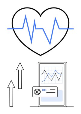 Kalp atışı, yükselen oklar ve Bitcoin piyasa grafiği olan akıllı telefon. Finans, kripto para birimi, sağlık, teknoloji, analitik yenilik gelişimi için ideal. Düz basit metafor
