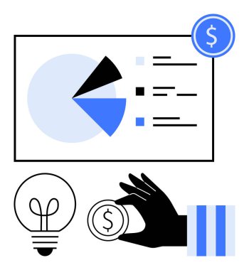 Pasta grafiği ve bar çizelgesi analizi, ampulü sembolize eden fikirler, madeni paraların el ele tutulması finansal yatırımlar ve genel finansal planlama. Finans, iş stratejisi ve tasarruf için ideal