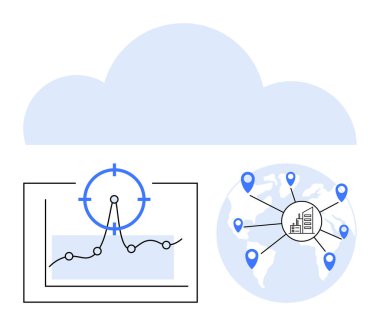 Hedef noktası ve konumları birleştiren bir dünya haritası olan bir veri tablosunun üzerinde bulut grafiği. Bulut hesaplama, veri analizi, küresel ağ, iş stratejisi ve uzak işlemler için ideal