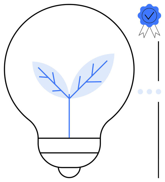 Лампочка с растением внутри символизирует зеленую энергию и инновации, в паре со значком одобрения. Идеально подходит для окружающей среды, зеленые технологии, экологические идеи, инновации, сертификация, экология, чистая