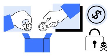 Dolar simgesi ve kafatası sembolü ile kilit eşliğinde kripto para ve dolar paralarını bir kutuya koyan eller. Finans, yatırım, engelleme zinciri, güvenlik, tasarruf, risk yönetimi, hırsızlık için ideal