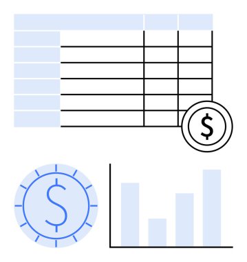 Hesap tablosu, bar grafiği ve madeni para görselleri finansal planlama, gider takibi ve veri değerlendirmesinin kilit noktalarını vurguluyor. Finans, analitik, bütçe ve muhasebe stratejisi için ideal