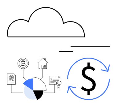 Bulut sembolü, harita, Bitcoin, ev, belgeler, oklu dolar işareti. Finans, yatırım, kripto para analizi için ideal. Gayrimenkul dijital bankacılık düz metaforu.