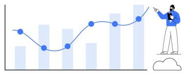 Çizgi grafiği dalgalanan büyüme eğilimini gösteriyor, analist tableti işaret ediyor ve tutuyor. Veri analizi, iş stratejisi, finans, ilerleme, piyasa araştırması, istatistik, daire için ideal