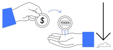 İki el para ve jetonla değiş tokuş yaparak bir bulutu işaret ederek kripto para, varlık değişimi ve dijital ekonomiyi temsil ediyor. Finans, teknoloji ve dijital bankacılık için ideal