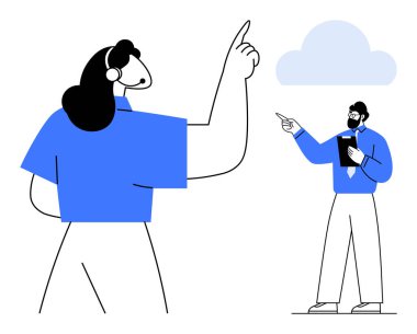 Tartışılan iki profesyonel, biri el kol hareketi yaparken diğeri tablet tutuyor. Takım çalışması, işbirliği, iletişim, liderlik, üretkenlik, iş stratejisi için ideal, düz basit