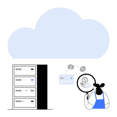 Karakter bulut verilerini ve mali işlemleri incelemek için büyüteç kullanır. Bulut hesaplama, veri analizi, mali güvenlik, fintech, çevrimiçi bankacılık, teknoloji, bilişim desteği için ideal