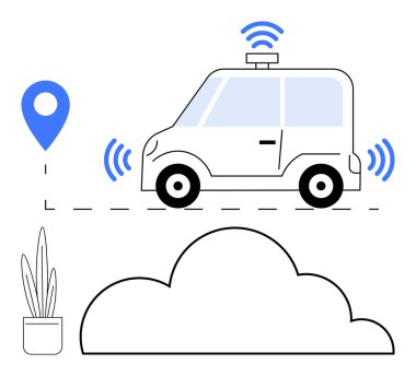 Kablosuz sinyalleri, lokasyon şifresi, bağlantı bulutu ve bitkiler olan otomatik çalışan bir araba. Ulaşım, yapay zeka, bağlantı, IOT, akıllı şehirler araç güvenliği ve gelecekteki yenilikler için ideal
