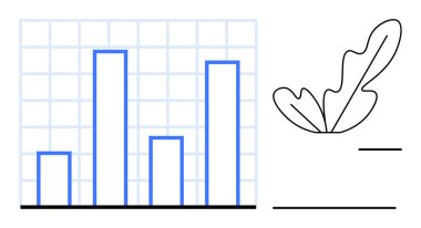 Değişen yüksekliklerden oluşan dört çubuk çizelgesi, şebeke arka planı, sağda çizgi çizilmiş yaprak. İstatistiksel analiz, iş raporları, büyüme izleme, sunumlar, eğitim, doğa için ideal