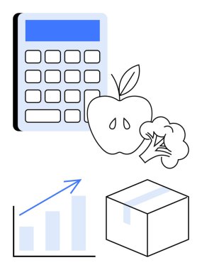 Elma ve brokoli dışında hesap makinesi, yukarı doğru ok ve paket kutusu olan bar tablosu. Bütçe, beslenme, tedarik zinciri, piyasa analizi, sağlık lojistik planlaması için ideal. Düz basit metafor