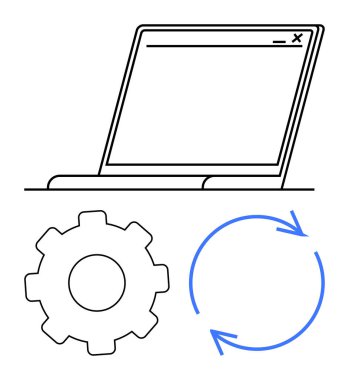 Bilgisayar ekranını, işlevselliği, güncellemeleri ve sistem süreçlerini ileten bir dişli ve dairesel oklarla birlikte aç. Teknoloji, yazılım, otomasyon, ilerleme, iş akışı, sistem güncellemeleri için ideal
