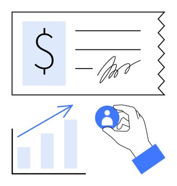 El ele tutuşan kullanıcı simgesi, imzalı çek ve finans, büyüme, avatarlar, analitik, iş odaklı hizmetler, kişisel yönetim alımını temsil eden yukarı doğru bar grafiği. Büyüme finansmanı için ideal