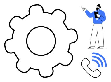 Büyük vites sistemi sembolize ediyor, adam panoyu işaret ediyor, sinyal çizgileri olan telefon simgesi. Takım çalışması için ideal, teknoloji, iletişim, iş akışı, yenilik, işlemler düz metafor