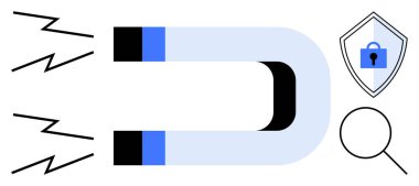 At nalı mıknatısı, güvenlik kalkanı ve bir büyüteçle veri çekiyor. Veri korunması, siber güvenlik, arama, çekim, teknoloji, araştırma konuları için ideal