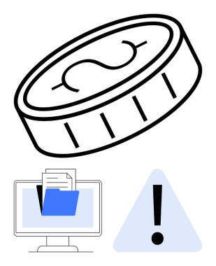 Dolar işaretli sikke, dokümanlı masaüstü klasörü ve uyarı üçgeni finansal yönetim risklerini ve dijital güvenliği vurguluyor. Tasarruf, ekonomi, risk, güvenlik, uyarı, hata için ideal