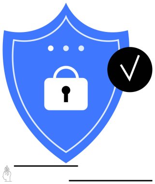 Ortasında beyaz asma kilit olan mavi bir kalkan, üzerinde üç nokta ve çemberin içinde siyah bir işaret var. Siber güvenlik, koruma, mahremiyet, kimlik doğrulama, güvenilirlik güveni için ideal. Düz