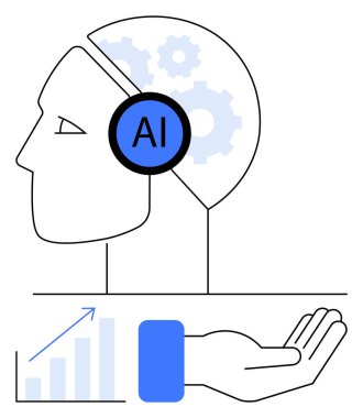 İnsan kafasının yapay zeka etiketli profili, beyindeki dişliler süreçleri ve teknolojiyi akla getiriyor. Büyüme grafiği, avuç içi yukarı doğru yardım ve yeniliği yansıtır. Yapay zeka, teknoloji, yenilik ve strateji için ideal