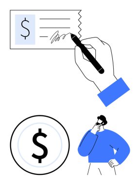 Elde kalem imzalama çeki, parayı sembolize eden dolar para, düşüncelere dalan insan. Finans, bankacılık, yatırım, planlama, tasarruf bütçesi işleri için idealdir. Düz basit metafor