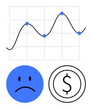 Değişen eğilimleri gösteren grafikler, hüzünlü mavi yüz simgesi ve finansal kaybı, performansı veya krizi gösteren dolar işareti. Ekonomi, bütçe, yatırım ve bankacılık riskleri için ideal